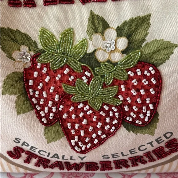 NWT-BEADED (one side) Striped Farmer's Market Tote Bag with Strawberry Design - Picture 3 of 14